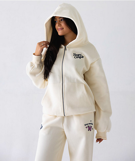Happy Camp3r The World Is Better Cream Zip Hoodie