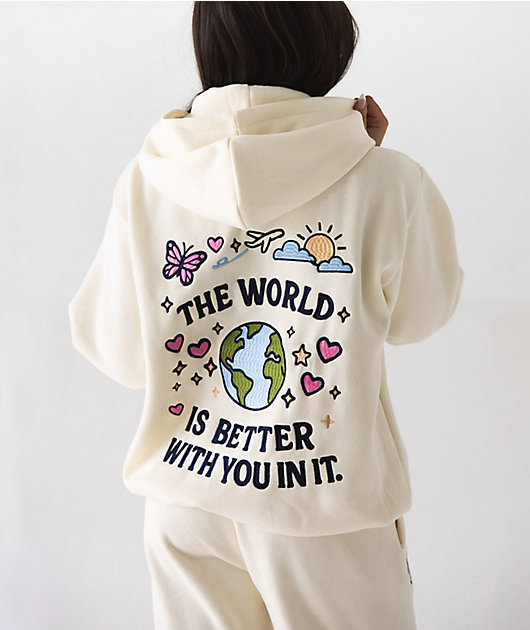Happy Camp3r The World Is Better Cream Zip Hoodie