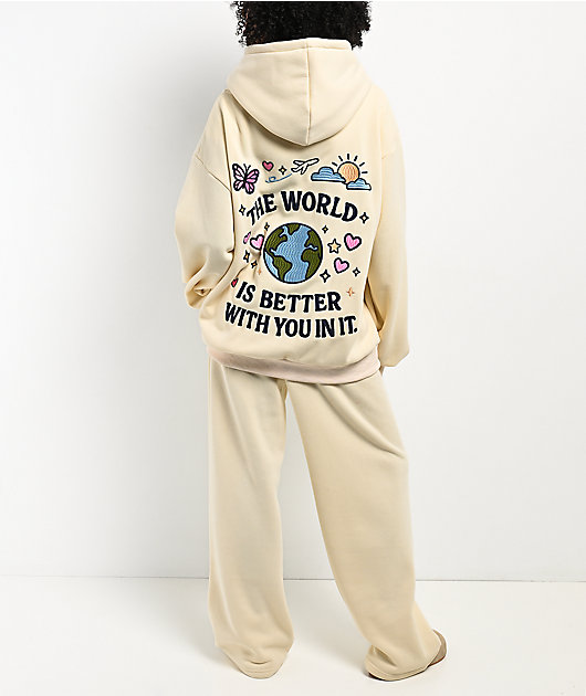 Happy Camp3r The World Is Better Cream Zip Hoodie