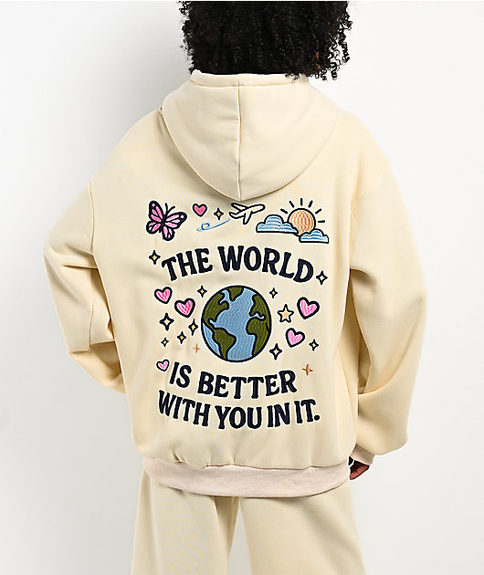 Happy Camp3r The World Is Better Cream Zip Hoodie