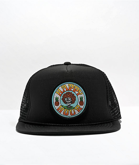 Happy Hour Skull And Roses Black Trucker Hat