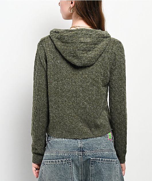 Hooked Up Green Cable Knit Crop Zip Hooded Sweater | Zumiez