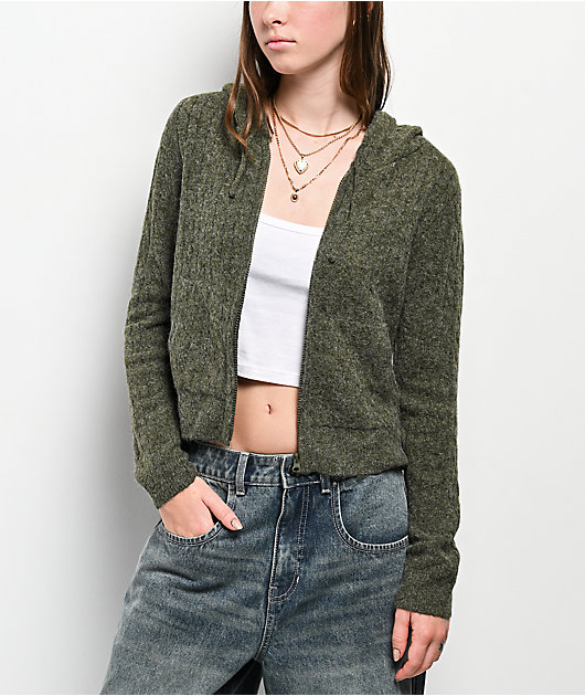 Hooked Up Green Cable Knit Crop Zip Hooded Sweater | Zumiez