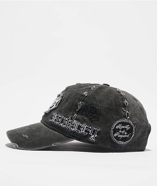 Hurley THE BONEZ キャップ Hurley x Travis Barker Destroyed Black Wash Strapback Hat | Zumiez