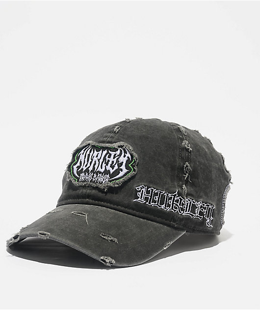 Hurley x Travis Barker Destroyed Black Wash Strapback Hat | Zumiez