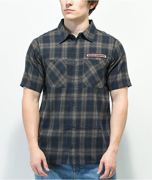 Independent Reed Navy Grey Plaid Short Sleeve Button Up Shirt
