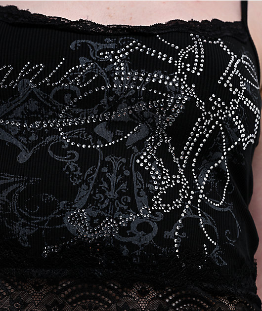 Insomnia Blessed Rhinestone Black Crop Tank Top