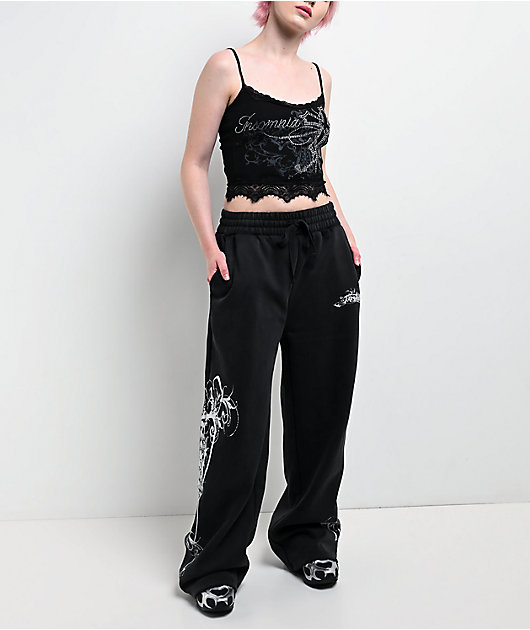 Insomnia Blessed Rhinestone Black Crop Tank Top