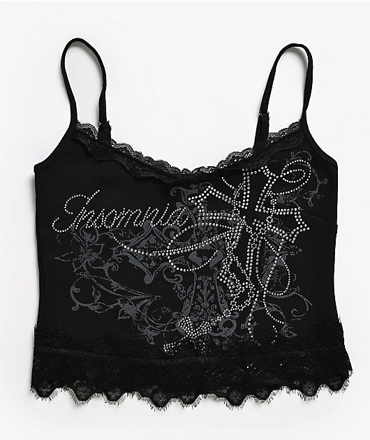 Insomnia Blessed Rhinestone Black Crop Tank Top
