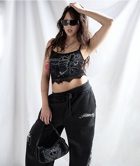 Insomnia Blessed Rhinestone Black Crop Tank Top