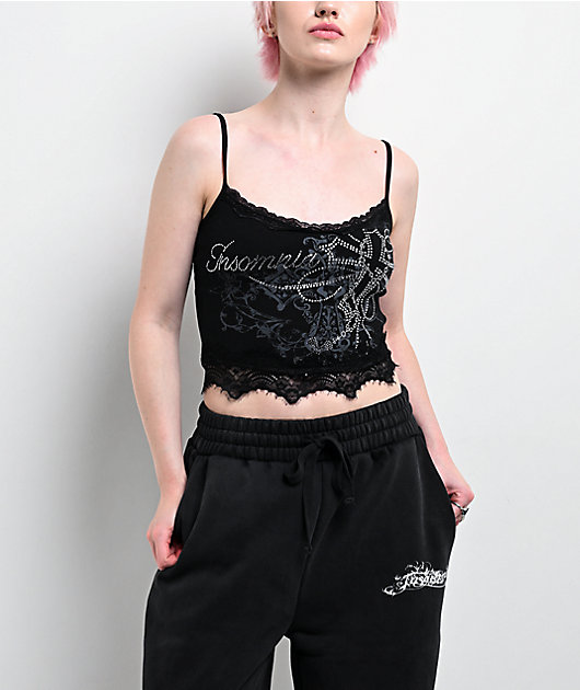 Insomnia Blessed Rhinestone Black Crop Tank Top
