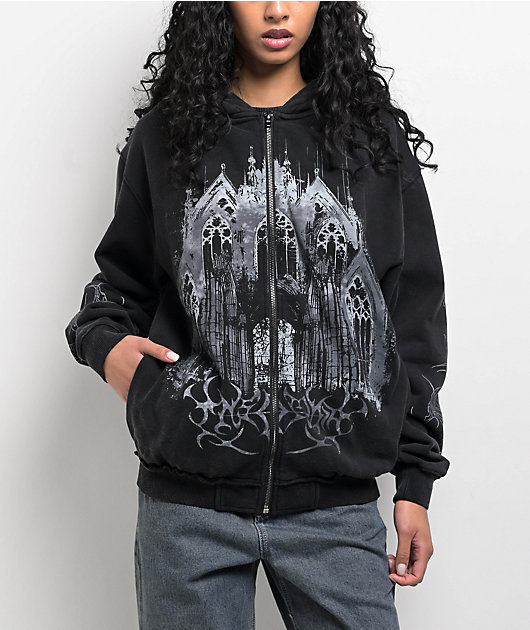 insomniavisuals archive punk黒ファーパーカー Insomnia Visuals Cathedral Black Wash Zip Hoodie | Zumiez