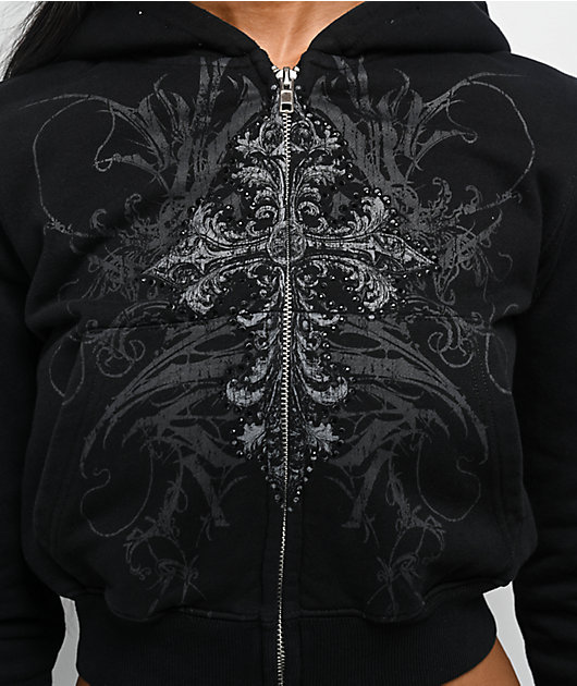 *゜¨゜✧*。☆✩*。゜¨゜ Insomnia Visuals Double Cross Rhinestone Grey Crop Zip