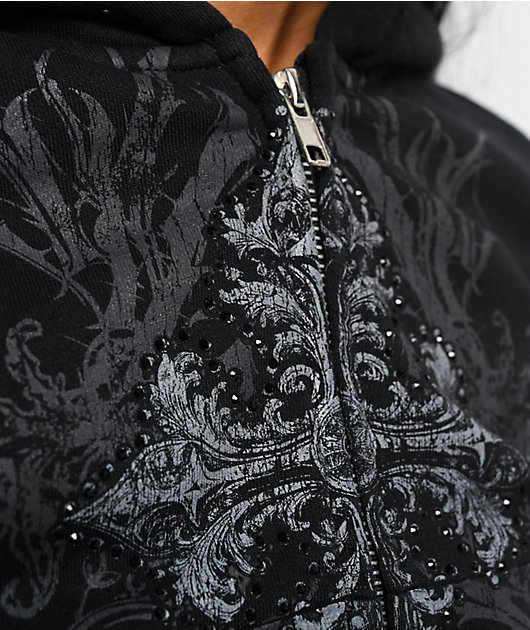 Insomnia Visuals Centerpiece Rhinestone Black Crop Zip Hoodie