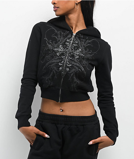 Insomnia Visuals Centerpiece Rhinestone Black Crop Zip Hoodie | Zumiez