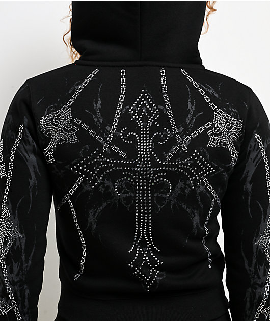 Insomnia Visuals Chains Rhinestone Black Crop Zip Hoodie