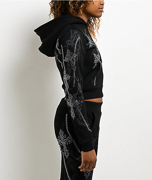 Insomnia Visuals Chains Rhinestone Black Crop Zip Hoodie