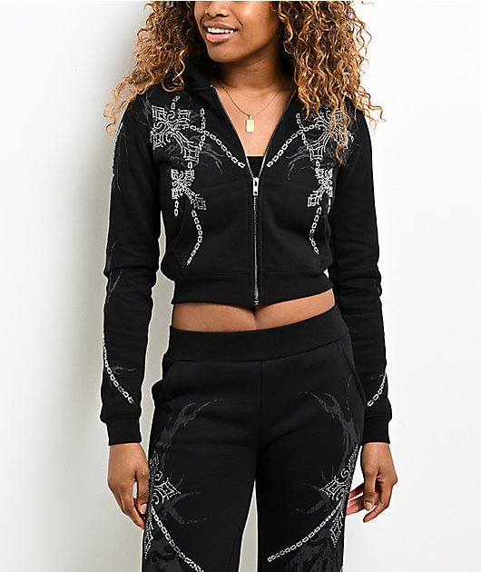 Insomnia Visuals Chains Rhinestone Black Crop Zip Hoodie