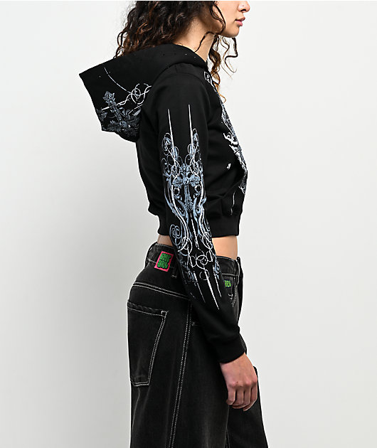 Insomnia Visuals Crucifix Rhinestone Black Crop Zip Hoodie | Zumiez