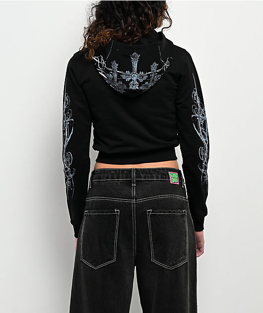 Insomnia Visuals Crucifix Rhinestone Black Crop Zip Hoodie | Zumiez