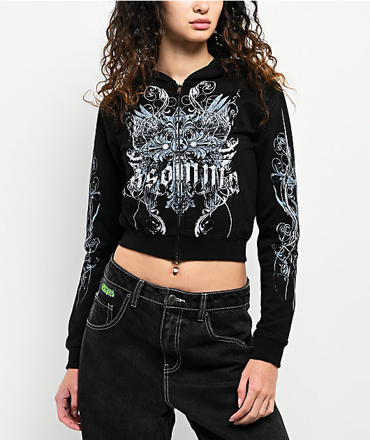 Insomnia Visuals Crucifix Rhinestone Black Crop Zip Hoodie | Zumiez