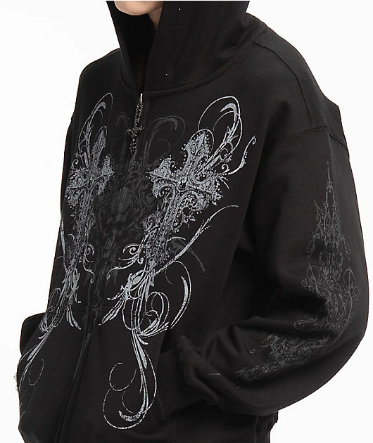 Insomnia Visuals Double Cross Rhinestone Black Zip Hoodie