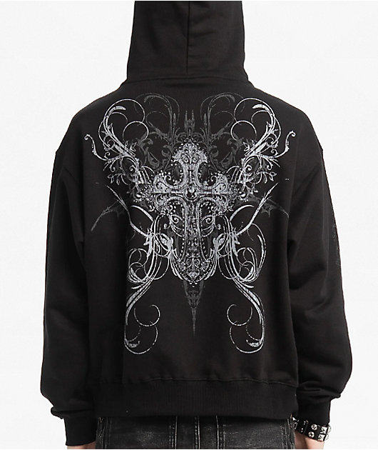 Insomnia Visuals Double Cross Rhinestone Black Zip Hoodie