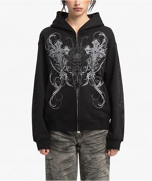 Insomnia Visuals Double Cross Rhinestone Black Zip Hoodie | Zumiez