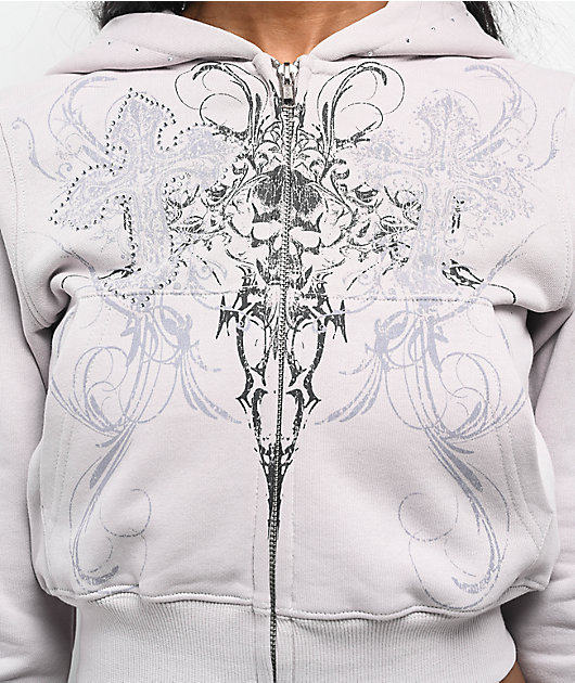 Insomnia Visuals Double Cross Rhinestone Grey Crop Zip