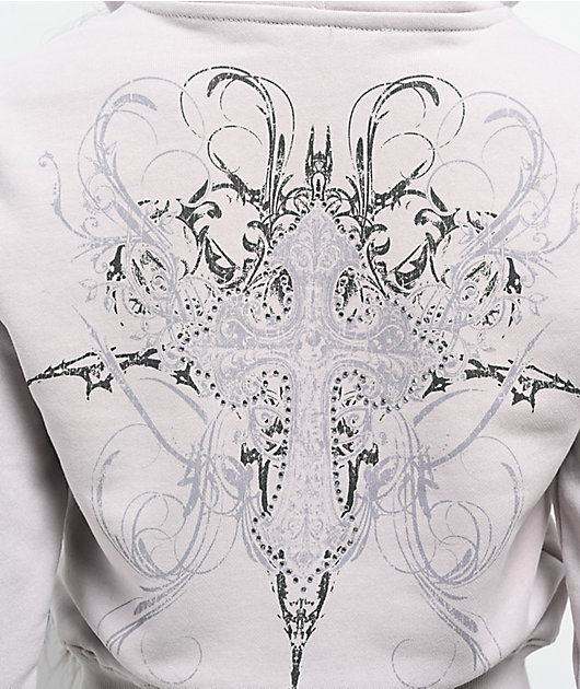 Insomnia Visuals Double Cross Rhinestone Grey Crop Zip Hoodie