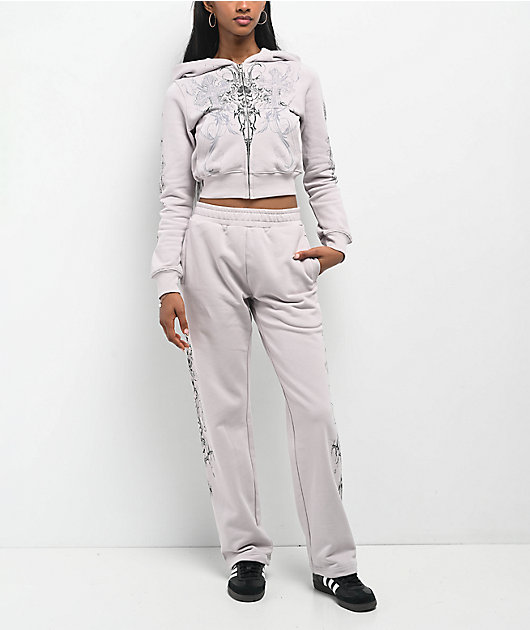 Hana*　1207 Insomnia Visuals Double Cross Rhinestone Grey Crop Zip