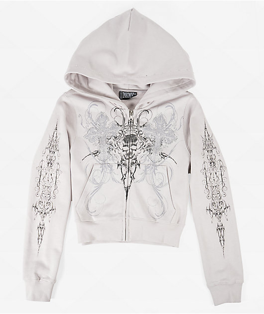 Insomnia Visuals Double Cross Rhinestone Grey Crop Zip
