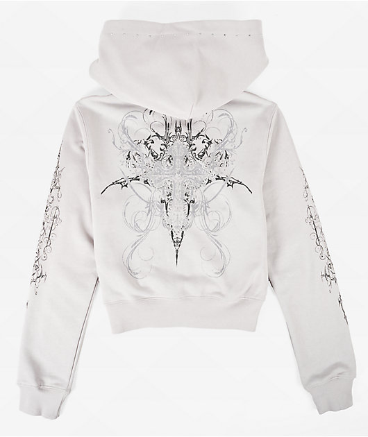 ✩h✩ Insomnia Visuals Double Cross Rhinestone Grey Crop Zip