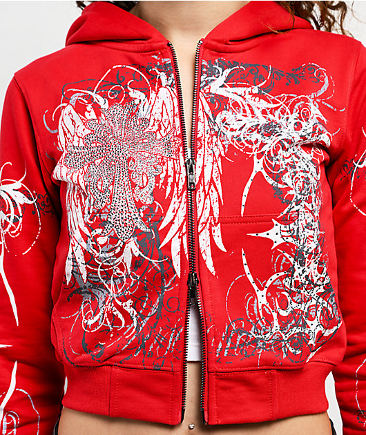 Insomnia Visuals Eclipse Rhinestone Red Crop Zip Hoodie | Zumiez