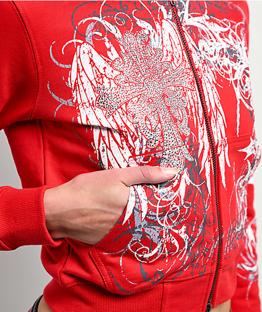 Insomnia Visuals Eclipse Rhinestone Red Crop Zip Hoodie | Zumiez