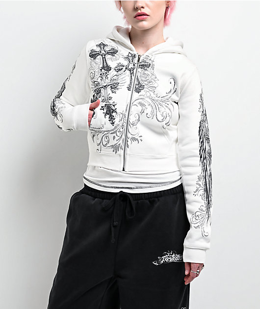 Insomnia Visuals Elegance White Crop Zip Hoodie