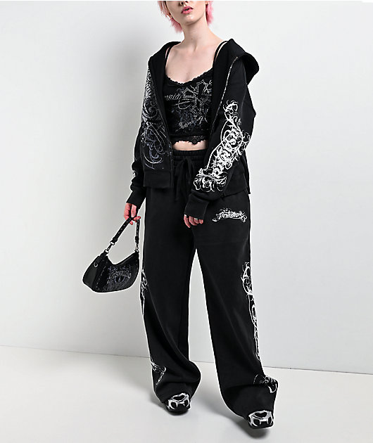 Insomnia Visuals Eternal Rhinestone Black Wash Zip Hoodie