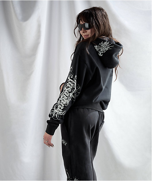 Insomnia Visuals Eternal Rhinestone Black Wash Zip Hoodie