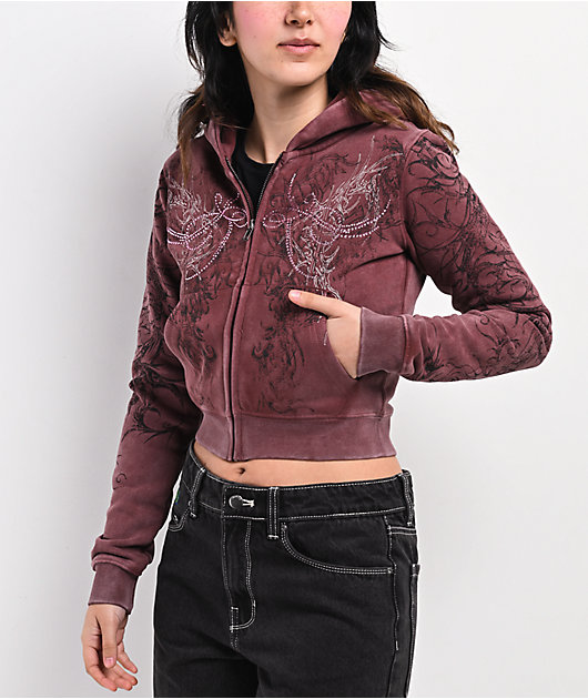 Insomnia Visuals Fever Red Wash Crop Zip Hoodie