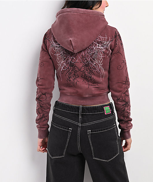 Insomnia Visuals Fever Red Wash Crop Zip Hoodie