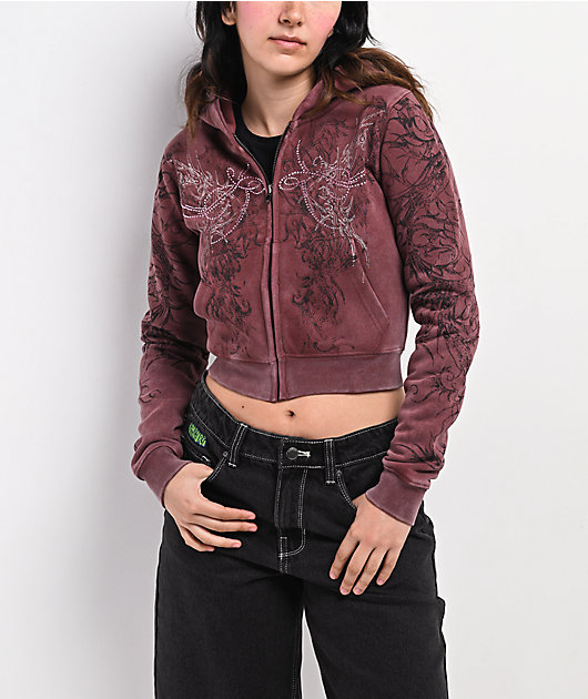 Insomnia Visuals Fever Red Wash Crop Zip Hoodie