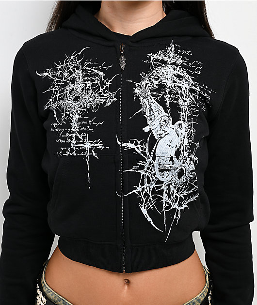 Insomnia Visuals Kitty Sigilism Black Crop Zip Hoodie