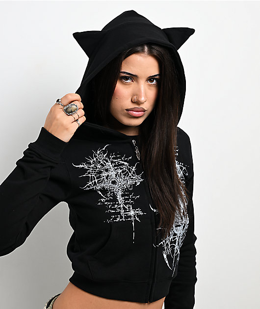 Insomnia Visuals Kitty Sigilism Black Crop Zip Hoodie