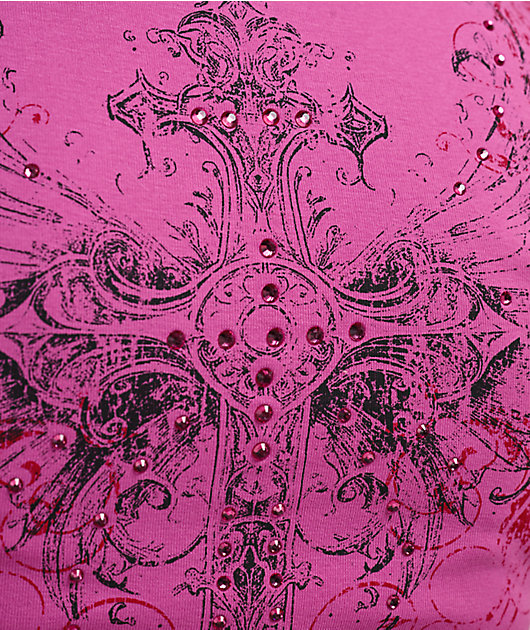 Insomnia Visuals Lovers Rhinestone Pink V-Neck T-Shirt