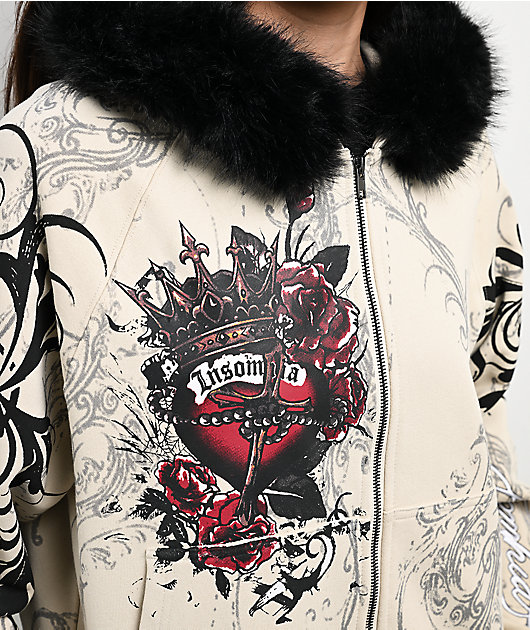 Insomnia Visuals Royal Heart Faux Fur Cream Zip Hoodie
