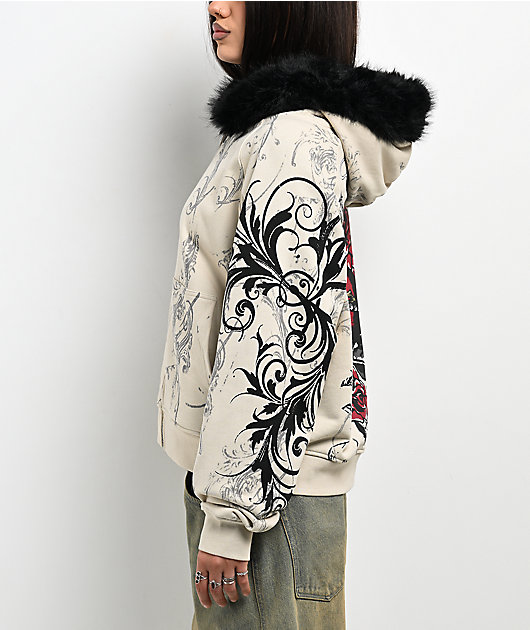 Insomnia Visuals Royal Heart Faux Fur Cream Zip Hoodie