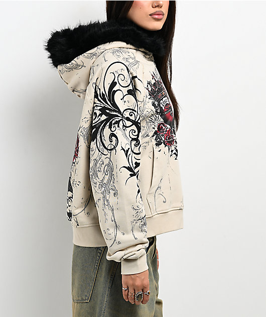 Insomnia Visuals Royal Heart Faux Fur Cream Zip Hoodie