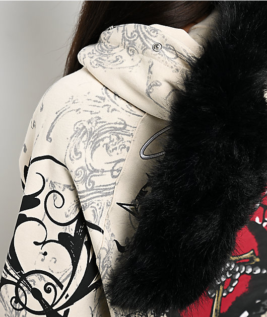 Insomnia Visuals Royal Heart Faux Fur Cream Zip Hoodie