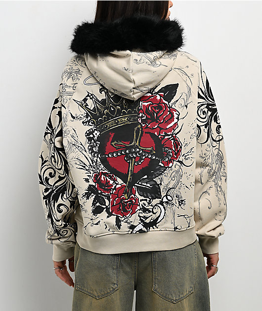 Insomnia Visuals Royal Heart Faux Fur Cream Zip Hoodie