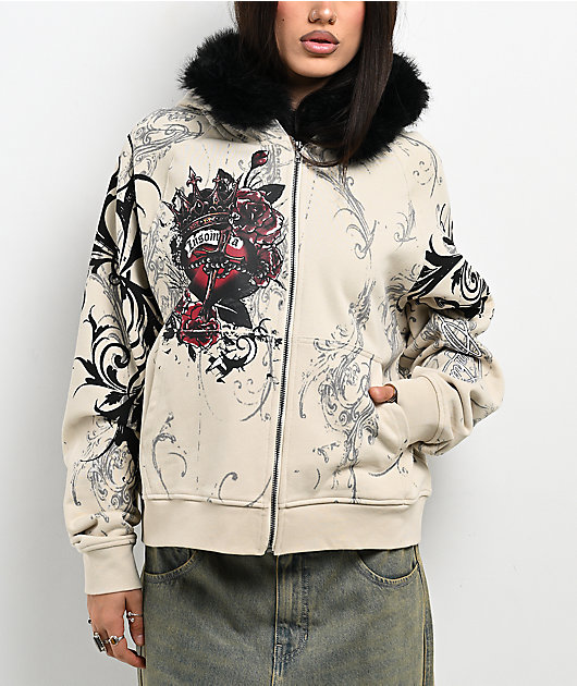 Insomnia Visuals Royal Heart Faux Fur Cream Zip Hoodie